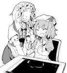  amigo_naitou apron braid eyes_closed fang grill hat izayoi_sakuya maid maid_apron maid_headdress monochrome multiple_girls okonomiyaki open_mouth remilia_scarlet ribbon short_hair smile spatula touhou twin_braids 