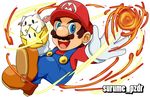  :d artist_request bad_id bad_pixiv_id blue_eyes blush_stickers brown_hair creature crossover facial_hair fire fireball gloves hat mario mario_(series) mustache open_mouth outstretched_arm overalls puzzle_&amp;_dragons smile starman_(mario) super_mario_bros. tamadra white_gloves wings 