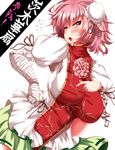  bandages blush breasts bun_cover chain cuffs double_bun flower flying_sweatdrops highres huge_breasts ibaraki_kasen open_mouth pink_eyes pink_flower pink_hair pink_rose puffy_short_sleeves puffy_sleeves rose shackles shirt short_sleeves solo tabard touhou urban_legend_in_limbo zan_(harukahime) 