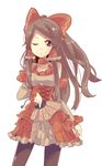  aioi_aoi alternate_costume bow brown_hair cowboy_shot detached_sleeves dress fan folding_fan hair_bow hair_tubes hakurei_reimu long_hair ofuda one_eye_closed solo steampunk touhou yin_yang 