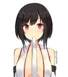  bad_id bad_pixiv_id bangs bare_shoulders black_hair blush breasts detached_sleeves eating eyeshadow food food_in_mouth hiiragi_hajime japanese_clothes kantai_collection large_breasts looking_at_viewer makeup mochi mouth_hold no_bra nontraditional_miko open_clothes red_eyes short_hair simple_background solo twitter_username upper_body white_background yamashiro_(kantai_collection) 