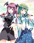  aioi_aoi bad_id bad_pixiv_id bat_wings black_neckwear cookie_(touhou) detached_sleeves duet frog frog_hair_ornament green_eyes green_hair hair_ornament head_wings koakuma kochiko_(cookie) kochiya_sanae long_hair microphone multiple_girls music musical_note necktie open_mouth outstretched_arm paseri_(cookie) red_eyes red_hair singing smile snake snake_hair_ornament star touhou vest wings 