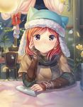  alternate_eye_color animal_hat arm_warmers bangs blush bottle cat_hat chair coat curtains d_match earrings flower fur_trim hand_on_own_cheek hat indoors jewelry light_particles long_sleeves looking_at_viewer love_live! love_live!_school_idol_project napkin nishikino_maki pov_across_table red_hair restaurant scarf short_hair star star_earrings swept_bangs table tablecloth vase window wine_bottle winter_clothes yellow_eyes 