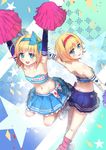  alice_margatroid alice_margatroid_(pc-98) alternate_costume armpits arms_up bare_shoulders blonde_hair blue_eyes blue_gloves blue_hairband blush bow cheerleader culter elbow_gloves gloves hair_bow hairband highres looking_at_viewer midriff multiple_girls navel open_mouth pink_legwear pom_poms short_hair smile time_paradox touhou touhou_(pc-98) white_gloves 