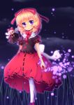  :o absurdres blonde_hair blouse blue_eyes cloud dress flying grass hair_ribbon highres light_particles looking_at_viewer medicine_melancholy neck_ribbon night outdoors pantyhose puffy_short_sleeves puffy_sleeves ribbon short_hair short_sleeves skirt su-san touhou white_legwear wings yubayuki 