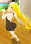  ass barefoot blonde_hair doughnut dress food highres long_hair monogatari_(series) open_mouth oshino_shinobu see-through see-through_silhouette smile solo vahn_yourdoom vampire veranda 