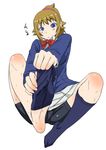  bike_shorts blue_eyes brown_hair feet gundam gundam_build_fighters gundam_build_fighters_try hoshino_fumina kokuryuugan ponytail removing_sock school_uniform skirt sock_pull socks soles solo 