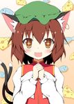  1girl :3 animal_ears blush bow brown_eyes brown_hair cat_ears cat_tail cheese chen dress ear_piercing fang fish food hat highres jewelry long_sleeves mizuki_(kogetsu-tei) mob_cap multiple_tails nekomata open_mouth piercing red_dress shirt single_earring smile solo tail touhou upper_body 