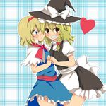  alice_margatroid apron ascot blonde_hair blue_dress blue_eyes blush braid capelet couple dress hairband hat heart holding_hands kirisame_marisa long_hair multiple_girls ochazuke short_hair side_braid smile touhou waist_apron witch_hat yellow_eyes yuri 