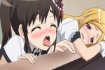  2girls animated animated_gif blonde_hair blush breasts brown_hair censored cleavage eyes_closed female katekano_idol_sister long_hair multiple_girls ooizumi_maina open_mouth pussy saliva saliva_trail school sex takano_ayaka tongue tongue_out 