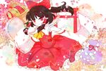  arch ascot bare_shoulders black_hair bow detached_sleeves floral_background floral_print flower frilled_skirt frills gohei hair_bow hair_tubes hakurei_reimu looking_at_viewer looking_to_the_side mallet owannu petals ponytail red_skirt ribbon-trimmed_sleeves ribbon_trim skirt smile solo torii touhou vest white_background 