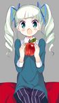  aikatsu! aikatsu!_(series) apple blush drill_hair fang food fruit green_eyes hair_ribbon hidejiu highres long_hair open_mouth ribbon silver_hair simple_background sitting solo toudou_yurika twin_drills 