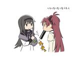  akemi_homura black_hair black_hairband blank_stare bow eating ehoumaki expressionless food hair_bow hairband jitome long_hair magical_girl mahou_shoujo_madoka_magica makizushi multiple_girls oda_takayuki open_mouth ponytail red_hair sakura_kyouko school_uniform setsubun shield simple_background sushi white_background 