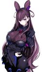  1girl bangs breasts cleavage double_bun eyebrows_visible_through_hair fafas68 fate/grand_order fate_(series) hair_ornament highres large_breasts long_hair looking_at_viewer murasaki_shikibu_(fate) purple_eyes purple_hair simple_background solo very_long_hair white_background 
