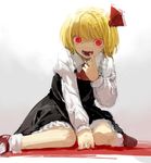  1girl ankle_socks blonde_hair finger_in_mouth glowing glowing_eyes hair_ribbon mary_janes open_mouth red_eyes ribbon rumia shoes short_hair sitting skirt solo suna_(s73d) touhou wariza 