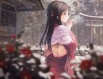  blurry blush breath brown_eyes brown_hair budouya camellia depth_of_field flower forest hair_ornament highres japanese_clothes kimono long_hair nature original outdoors profile rope shide shimenawa shrine snow solo torii tree winter 