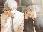  arima_kishou bespectacled black_hair blush book bookshelf glasses grey_eyes kaneki_ken multicolored_hair multiple_boys nalwori necktie sasaki_haise short_hair smile tokyo_ghoul tokyo_ghoul:re white_hair 