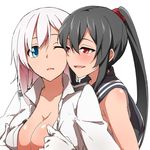  black_hair blue_eyes blush breasts cleavage female_admiral_(kantai_collection) gloves kantai_collection large_breasts multiple_girls red_eyes shindou_akane shinsono_shiroko undressing white_hair yahagi_(kantai_collection) yuri 