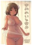  adjusting_clothes babydoll backlighting breasts brown_eyes brown_hair covered_nipples cowboy_shot flower front-tie_top hair_flower hair_ornament idolmaster idolmaster_cinderella_girls large_breasts lingerie mimura_kanako nipples panties parted_lips plump pubic_hair sagano_yuuji see-through short_hair solo underwear underwear_only 