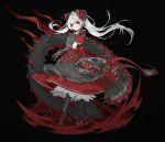  1girl black_background black_dress black_gloves bow dress eyebrows_visible_through_hair fang full_body gloves highres iralion long_hair monster open_mouth original red_bow red_eyes sharp_teeth simple_background smile solo standing teeth tied_hair white_bow white_hair 