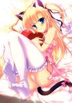  absurdres animal_ears babydoll bed blonde_hair blue_eyes bow cat_ears cat_tail heart heart_pillow highres long_hair lying mikeou panties pillow pillow_hug pink_panties tail tail_bow thighhighs two_side_up underwear white_legwear 