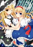  alice_margatroid apron blonde_hair blue_dress blue_eyes blush capelet couple dress hairband hand_on_another's_cheek hand_on_another's_face hat hug kirisame_marisa long_hair looking_at_viewer multiple_girls one_eye_closed open_mouth pantyhose sash short_hair smile star touhou waist_apron witch_hat yellow_eyes yuri yuzuki_(blossom) 