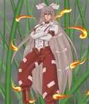  bamboo bamboo_forest collar crossed_arms fire forest fujiwara_no_mokou grey_hair nature overalls pants ribbon solo touhou versapro white_hair 