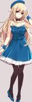  alternate_costume aosaki_yukina atago_(kantai_collection) bare_shoulders beret black_legwear blonde_hair blue_dress blue_eyes blue_footwear bow bowtie detached_collar dress frilled_dress frills full_body hat kantai_collection long_hair looking_at_viewer pantyhose shoes simple_background solo strapless strapless_dress wrist_cuffs 