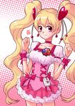  2015 blonde_hair bow breasts choker collarbone cure_peach earrings fresh_precure! frilled_skirt frills hair_ornament halftone halftone_background heart heart_hair_ornament highres jewelry long_hair maboroshineko magical_girl medium_breasts momozono_love pink_background pink_bow pink_choker pink_eyes polka_dot polka_dot_background precure skirt smile solo twintails 