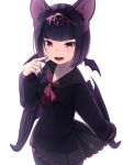  1girl animal_ears bangs bat_ears bat_girl bat_wings black_hair black_legwear common_vampire_bat_(kemono_friends) cowboy_shot fangs frilled_skirt frills hand_to_own_mouth head_wings headdress kemono_friends long_sleeves looking_at_viewer meth_(emethmeth) multicolored_hair neckerchief open_mouth pantyhose pleated_skirt purple_hair sailor_collar school_uniform serafuku short_hair simple_background skirt solo two-tone_hair white_background wings 