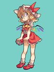  aqua_background ascot blonde_hair bow commentary_request flandre_scarlet full_body hat highres looking_at_viewer mary_janes nappooz puffy_short_sleeves puffy_sleeves red_eyes shirt shoes short_sleeves simple_background skirt skirt_hold skirt_set socks solo touhou vest wings 