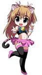  animal_ears bell blue_eyes brown_hair cat_ears cat_tail chibi drimshi_(mick_miku) half_updo high_heels houjou_hibiki long_hair midriff navel open_mouth orange_hair panther_pink_(precure) precure simple_background skirt smile solo suite_precure tail thighhighs two_side_up white_background wrist_cuffs zettai_ryouiki 