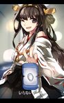  bad_id bad_pixiv_id blue_eyes brown_hair double_bun hairband japanese_clothes jewelry kantai_collection kongou_(kantai_collection) letterboxed long_hair migihidari_(puwako) nontraditional_miko one_eye_closed ring smile solo translated 