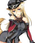  animal_ears bismarck_(kantai_collection) blonde_hair blue_eyes bottomless breastplate breasts detached_sleeves dog_ears dog_tail dress gloves grey_dress hat impossible_clothes kantai_collection kemonomimi_mode large_breasts long_hair looking_at_viewer military military_uniform open_mouth paw_pose peaked_cap rinarisa short_dress solo tail uniform 