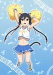  animal_ears armpits black_hair brown_eyes cat_ears cat_tail cheerleader crop_top highres jumping k-on! long_hair midriff musical_note nakano_azusa oku_no_shi pleated_skirt pom_poms revision skirt tail very_long_hair wind wind_lift wristband 