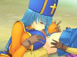  1girl blue_hair blush breast_squeeze breasts censored dragon_quest dragon_quest_iii fellatio gloves hat headpiece highres huge_breasts legs long_hair looking_down lying oral orange_eyes paizuri penis priest_(dq3) simple_background thighs yoko_juusuke 