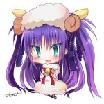  animal_ears bell blue_eyes chibi coat full_body hat horns little_busters! long_hair miyoshi_yun purple_hair sasasegawa_sasami sheep_ears transparent_background twintails 