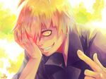  ahoge earrings grin hand_on_own_face highres jewelry male_focus necktie orange_hair red_eyes sharp_teeth shirazu_ginshi smile solo stud_earrings teeth tokyo_ghoul tokyo_ghoul:re 