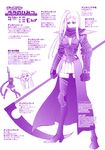  ahoge armor armored_boots black_sclera boots breasts character_profile disembodied_head dullahan full_body gauntlets gundam highres huge_ahoge lala_(monster_musume) last_shooting long_hair medium_breasts metal_boots monochrome monster_musume_no_iru_nichijou okayado purple scan scarf scythe skirt solo thigh_boots thighhighs translated zeong zettai_ryouiki 