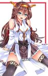  ahoge bad_id bad_pixiv_id blue_eyes blush brown_hair detached_sleeves hairband headgear inu_(marukome) kantai_collection kongou_(kantai_collection) long_hair looking_at_viewer nontraditional_miko open_mouth skirt solo thighhighs 
