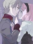  1girl aki_(neyuki41028) aldnoah.zero blonde_hair couple eye_contact green_eyes hairband hetero imminent_kiss lemrina_vers_envers long_sleeves looking_at_another parted_lips pink_hair protected_link puffy_long_sleeves puffy_sleeves shaded_face short_hair slaine_troyard teeth translation_request uniform 