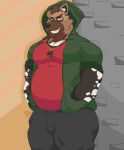  african_wild_dog alternate_version_at_source anthro brown_eyes brown_fur canid canine clothed clothing darius_davis front_view fully_clothed fur grin hands_in_pockets hoodie jewelry looking_at_viewer male mammal necklace signature smile solo standing thecaptainteddy 