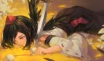  bird_wings black_hair black_wings chipped_sword detached_sleeves hat hat_ribbon katana kourindou_tengu_costume llc long_sleeves lying on_stomach planted_sword planted_weapon pom_pom_(clothes) ribbon shameimaru_aya solo sword tokin_hat touhou weapon wide_sleeves wings yellow_eyes 