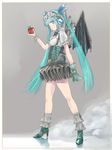  apple aqua_hair artist_name blue_eyes bow bowtie corset food fruit gloves goggles goggles_on_head hatsune_miku headset high_heels highres kowiru long_hair md5_mismatch mechanical_wings skirt smile solo steampunk twintails very_long_hair vocaloid wings 