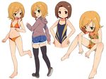  barefoot bikini black_legwear blonde_hair blush brown_eyes brown_hair denim denim_shorts green_eyes hands_on_hips ishitobi_kanna looking_at_viewer multiple_girls multiple_views navel one-piece_swimsuit orange_bikini saki shinohayu_the_dawn_of_age shisoneri shorts sitting skindentation smile standing standing_on_one_leg swimsuit thighhighs 