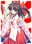  blue_eyes bow brown_hair detached_sleeves gohei hair_bow hair_tubes hakurei_reimu highres japanese_clothes long_sleeves miko open_mouth ponytail rising_sun shirt skirt smile solo sunburst touhou wide_sleeves yuuki_keisuke 