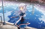  absolute_duo asakurashinji dual_wielding holding kouryou_academy_uniform long_hair petals red_eyes reflection river silver_hair solo sword two_side_up weapon yurie_sigtuna 