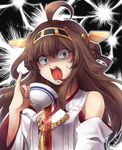  blue_eyes brown_hair commentary cup double_bun hairband hanjuku_tomato kantai_collection kongou_(kantai_collection) long_hair nontraditional_miko pinky_out solo teacup 