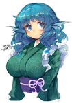  2014 animal_ears blue_eyes blue_hair breasts dated eyebrows_visible_through_hair head_fins iroyopon japanese_clothes kimono large_breasts mermaid monster_girl obi sash short_hair simple_background solo touhou wakasagihime white_background 