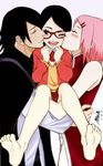  1boy 2girls artist_request barefoot black_hair cheek_kiss family feet glasses haruno_sakura kiss kiss_on_cheek multiple_girls naruto naruto:_the_last naruto_shippuuden pink_hair simple_background uchiha_sarada uchiha_sasuke 